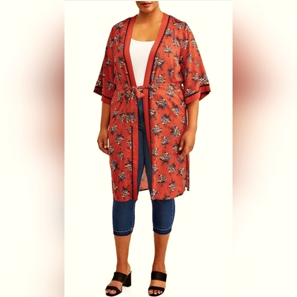 Size L-XL Time and Tru Belted Tie Waist Robe Kimono Spiced Cider Floral